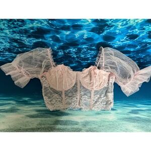 ☀️Pink Floral Lace Corset Top with Mesh Puff Sleeves Coquette Style Size Large